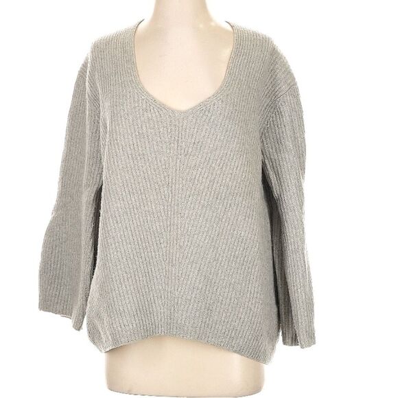 Cuyana Wool Cashmere Grey Ribbed Oversized Bell Sleeve V-Neck Sweater Size XS - Picture 2 of 6
